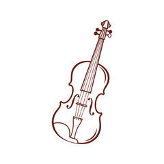 A minimalist brown outline drawing of a classical violin, showcasing its elegant form and string details on a clean white background.