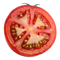 Tomato Sliced Cross-Section Showing Juicy Interior, Isolated on White Background,Fresh Red Tomato Slice with Seeds and Pulp, Healthy Vegetable Concept Design