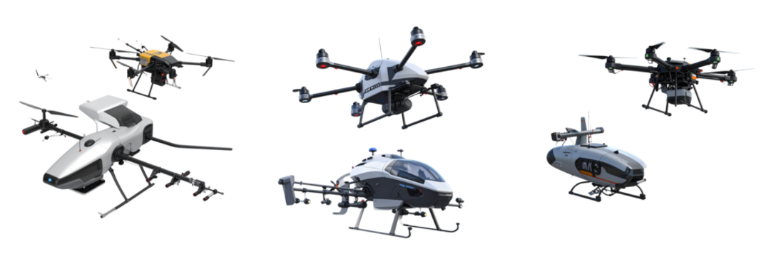  Agricultural Drones Hovering for Crop Spraying – Dual Variations Isolated on Transparent Background