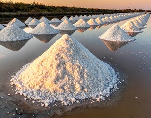 Salt mounds lined up in shallow water during golden hour