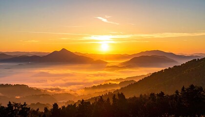 Golden sunrise over misty mountains with ancient fortress walls bathed in warm light a breathtaking natural landscape at dawn