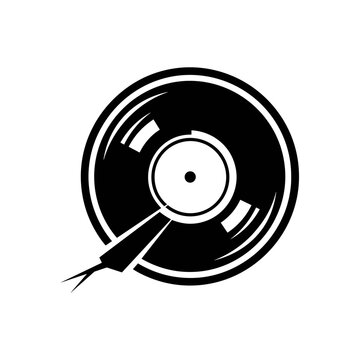A black and white graphic illustration of a vinyl record with a snake's head emerging from the center.