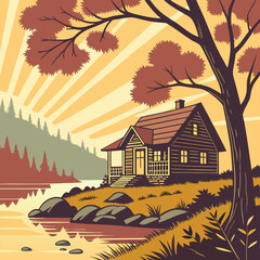 A rustic barn-shaped house nestled in the heart of an autumn forest, surrounded by vibrant foliage and covered with wooden shingles