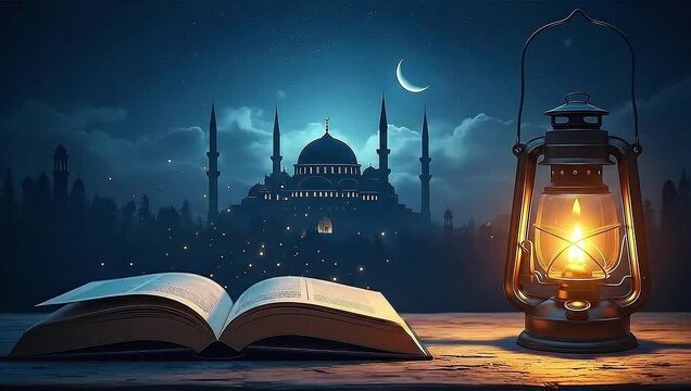 Open book pages turn by glowing lantern, before mosque silhouette, crescent moon, and twinkling starry sky.