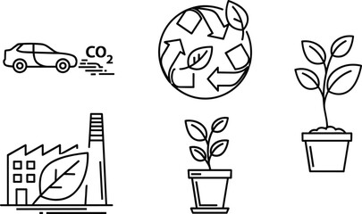 Car emitting CO2, recycling eco symbol, green factory with leaf, potted plants growth, sustainability, pollution, environment, climate change, renewable energy