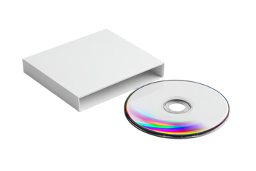White box with a disc inside.  The box is open, revealing a circular disc.  Vibrant colors reflect off the disc's surface