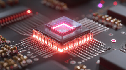 A quantum chip levitates above a magnetic surface, glowing with soft neon highlights. Hyperrealistic rendering emphasizes futuristic technology, precision engineering, and advanced computing concepts.