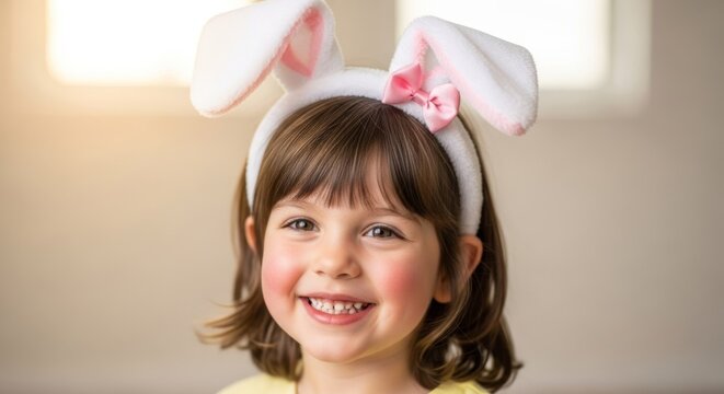 A young girl wearing bunny ears and a yellow shirt, smiling and looking at the camera.