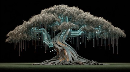 A magnificent, digitally enhanced tree, featuring intricate circuits and glowing lights, stands majestically against a stark black backdrop.