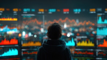 Person analyzing stock charts on multiple monitors