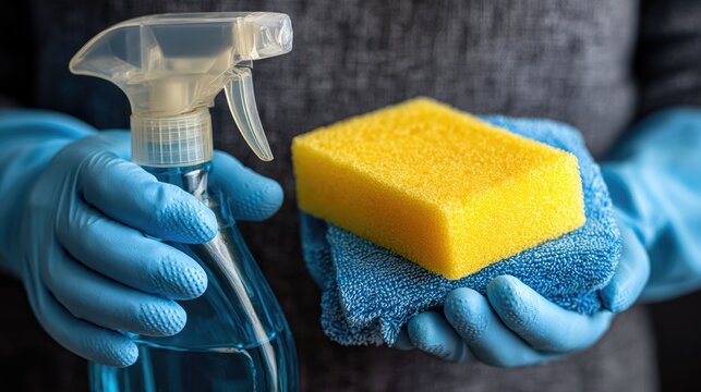 Cleaning supplies with gloves sponge and spray bottle - Powered by Adobe