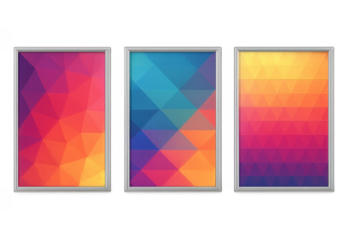 Three framed geometric abstract colorful posters showing triangles