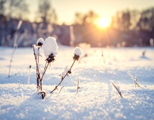 Snowy field with frosted plants, illuminated by a warm winter sunset