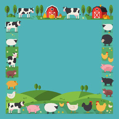Obraz premium A charming cartoon border featuring farm animals, barns, and rolling green hills, perfect for a child's project or invitation.