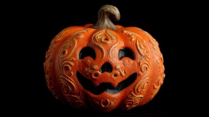Fototapeta premium Glowing jack o'lantern halloween pumpkin with carved face on black background creating spooky festive atmosphere for autumn and halloween celebrations