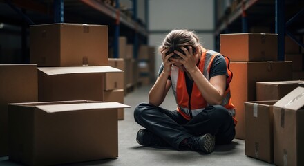 Overwhelmed warehouse worker sitting on the floor surrounded by boxes. Stressed and frustrated employee experiencing job burnout and pressure in a storage facility. Mental health at work concept