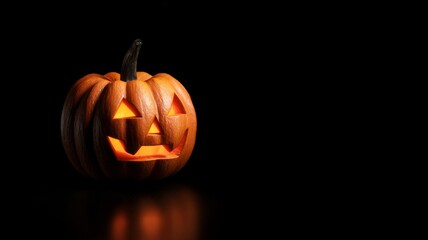 Glowing jack o'lantern halloween pumpkin with carved face on black background creating spooky festive atmosphere for autumn and halloween celebrations