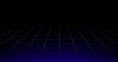 Retro digital design of a slanted grid that moves towards the back of the screen with a blue glow and small particles emerging from within - Powered by Adobe