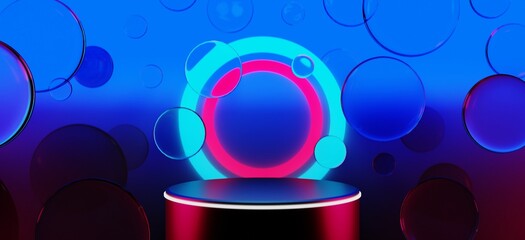 3d illustration rendering of y2k 2000s gaming technology futuristic fantasy metaverse cyberpunk sci-fi display podium pedestal stage room abstract background in neon-glow