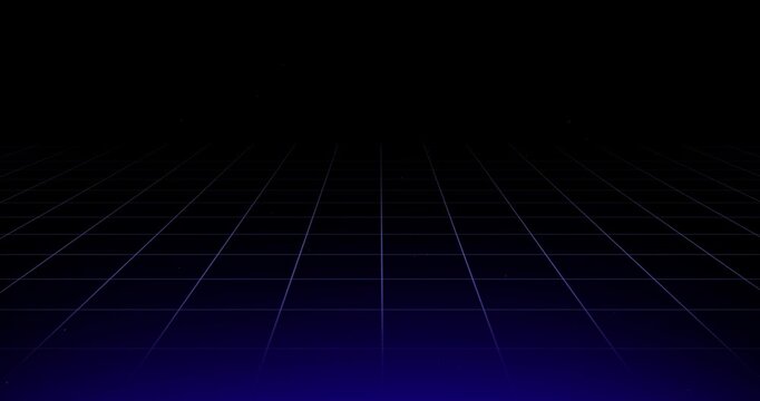 Retro digital design of a slanted grid that moves towards the back of the screen with a blue glow and small particles emerging from within - Powered by Adobe