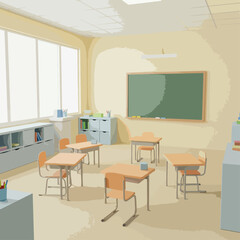 Fototapeta premium An empty classroom with desks, chairs, a blackboard, and large windows, suggesting a learning environment.
