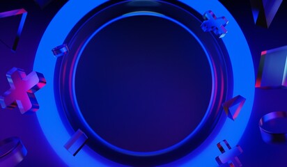 Obraz premium 3d illustration rendering of y2k 2000s gaming technology futuristic fantasy metaverse cyberpunk sci-fi display podium pedestal stage room abstract background in neon-glow