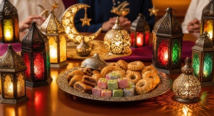 A festive table setting with colorful lanterns, pastries, and a plate of sweets.