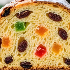 Extreme close-up of a slice of fruit panettone.