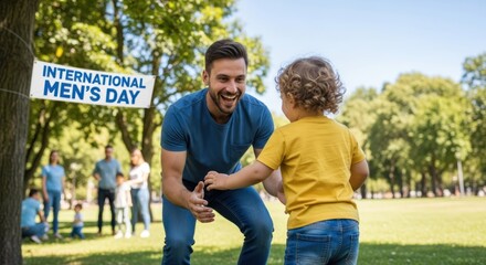 Fototapeta premium A man and a child playing in a park with a sign that says 'International Men's Day'. The man is wearing a blue shirt and the child is wearing a yellow shirt. 