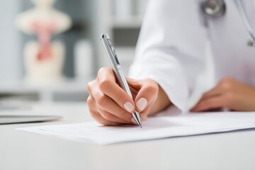 Doctor hands writing on paper document at a desk. Healthcare research, schedule app and clinic planning. Medical person on digital technology and journal for telehealth, notes and reminder or planner