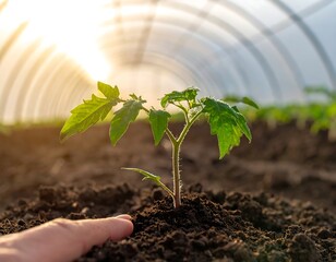Young plant emerging from rich soil with sunlight in the background