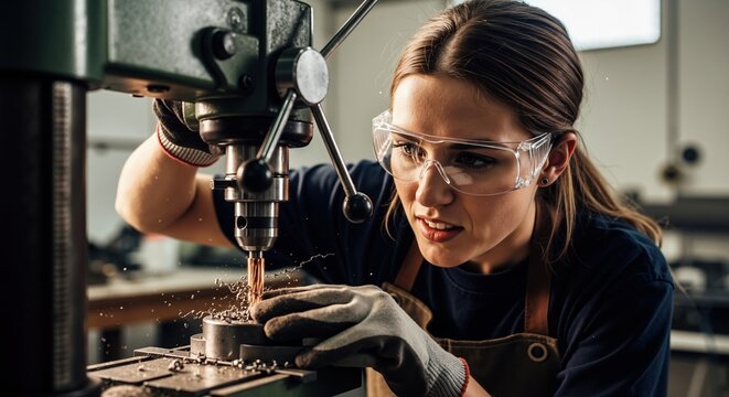 A focused female worker in safety glasses operates a drill press in a factory. A skilled machinist drilling a metal component in a workshop