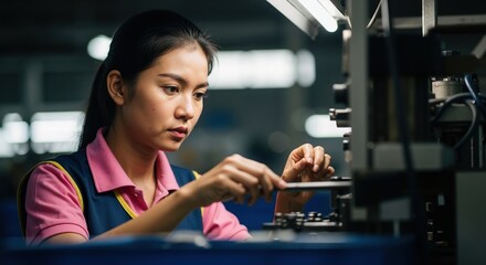 Skilled Asian female factory worker operating industrial machinery. Young woman employee focused on the assembly line with precision