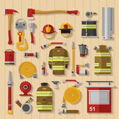 Flat lay vector illustration of essential firefighter equipment and professional gear on a wooden background.