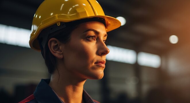 Confident female engineer in a yellow hard hat at an industrial factory. Portrait of a professional woman worker in a manufacturing plant - Powered by Adobe