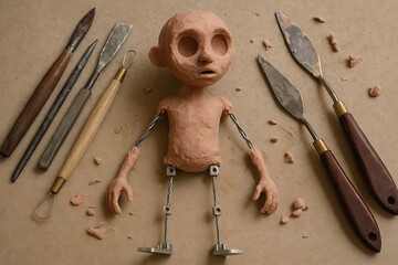 Stop-Motion Puppet Armature in Progress with Sculpting Tools