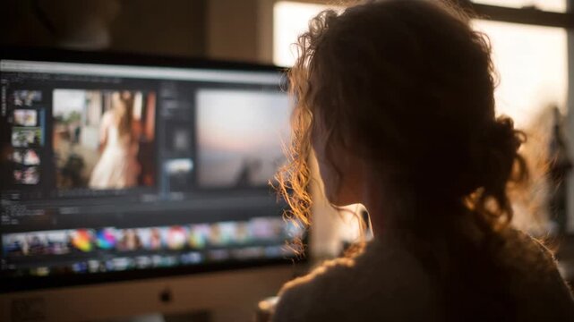 Woman editing wedding photos on a computer in a warm, inviting workspace