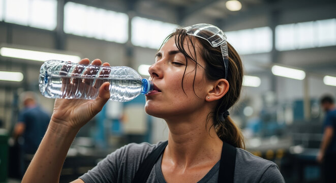 A sweaty female factory worker drinks water from a bottle during a break. A thirsty industrial employee rehydrates after hard physical labor