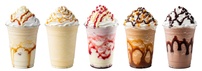 dessert frappes topped with whipped cream and bold drizzles