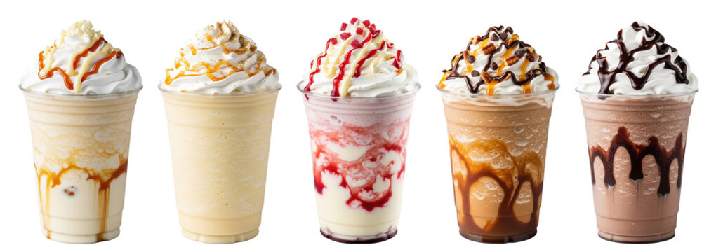 dessert frappes topped with whipped cream and bold drizzles