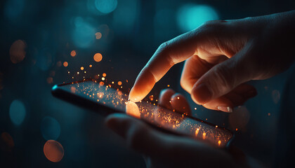 A hand is pointing at a cell phone screen with a glowing finger