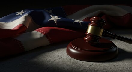 Wooden judge's gavel and sound block set dramatically against a draped flag symbolizing law and justice