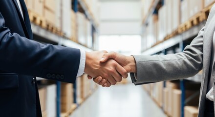 Business people shaking hands in a warehouse. Successful partnership agreement for logistics and distribution. B2B collaboration concept