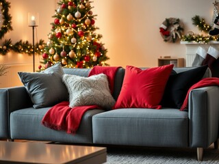 Fototapeta premium Cozy Christmas living room with tree and sofa