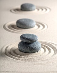 Zen garden with three layered circular patterns and balanced stones