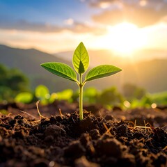 Young sprout emerges from soil, bathed in warm sunlight, scenic backdrop