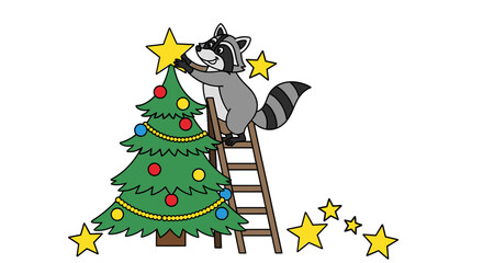 A cartoon raccoon on a ladder placing a yellow star on top of a decorated Christmas tree with ornaments and garland.