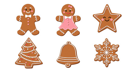 Festive gingerbread cookies: man, woman, star, tree, bell, and snowflake shapes decorated with white icing.