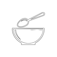 A simple line drawing of a bowl with a spoon resting on top of it.