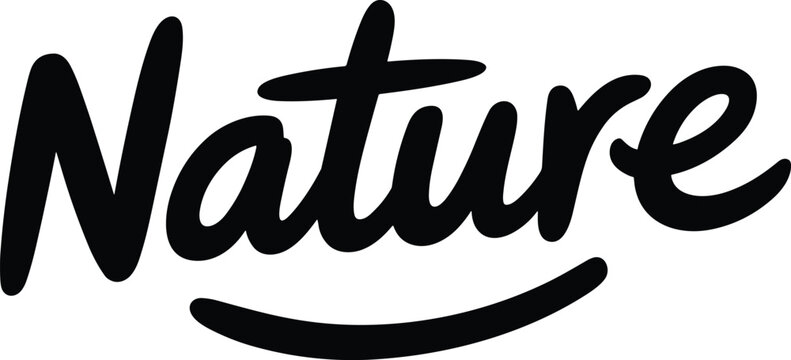Nature typography logo design, bold cursive lettering, black text on white background, eco branding, minimalist style, organic theme, modern calligraphy